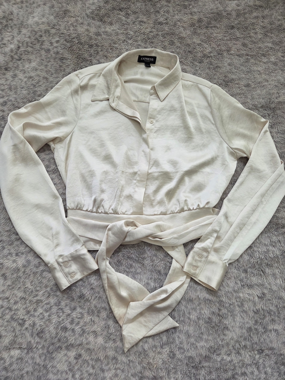 Express Cream Satin Cropped Tie-Waist Blouse - Size Small